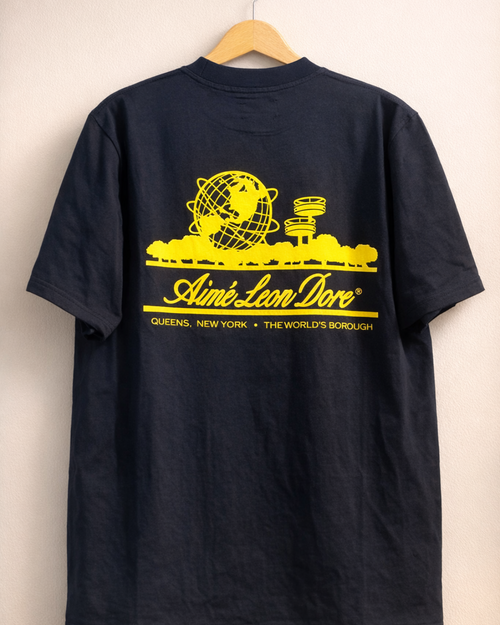 Aimé Leon Dore Navy T-Shirt — Yellow Urban Globe Back Print | vintage ALD Queens tee hero ecommerce image