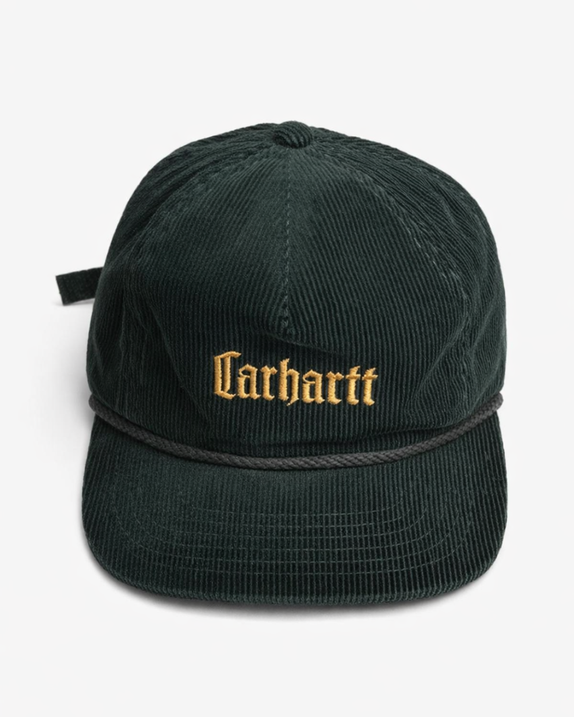 Carhartt WIP corduroy letterman cap in dark green— rope-trim embroidered logo, vintage-style cord cap hero ecommerce image
