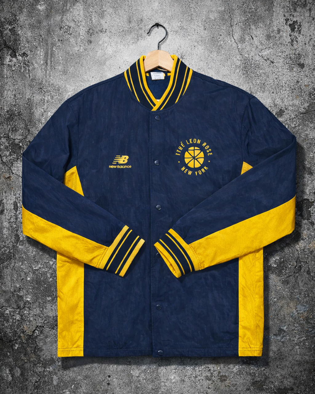 Aimé Leon Dore x New Balance Navy/Yellow Varsity Jacket M — men's vintage varsity jacket with basketball logo alternate ecommerce image