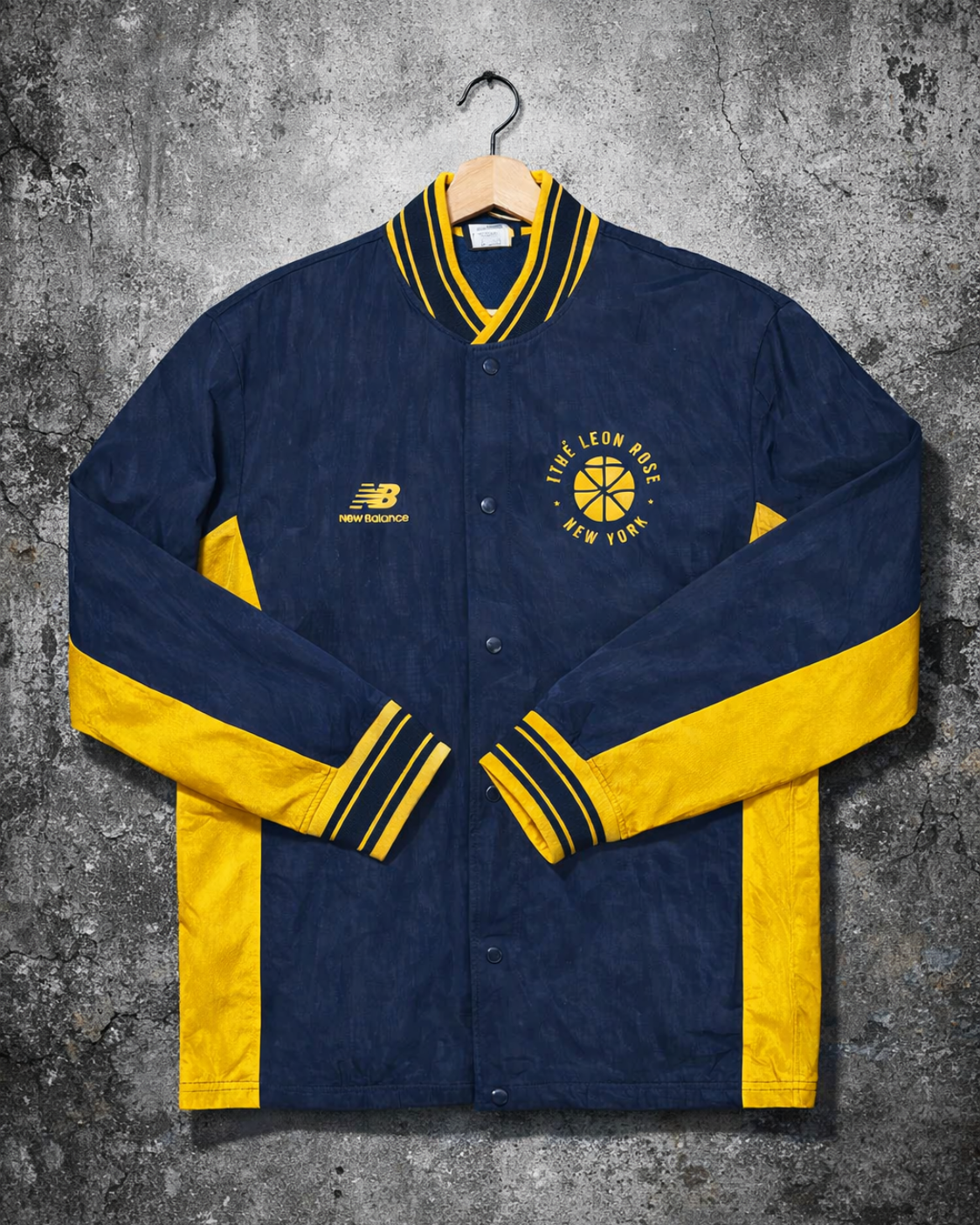 Aimé Leon Dore x New Balance Navy/Yellow Varsity Jacket M — men's vintage varsity jacket with basketball logo alternate ecommerce image