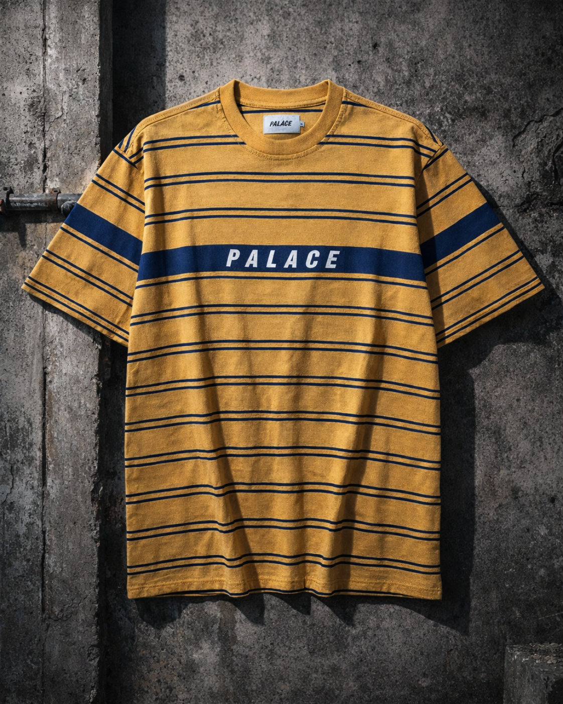 Palace Mustard & Navy Striped Logo T-Shirt — Men's mustard navy striped Palace tee for sale alternate ecommerce image