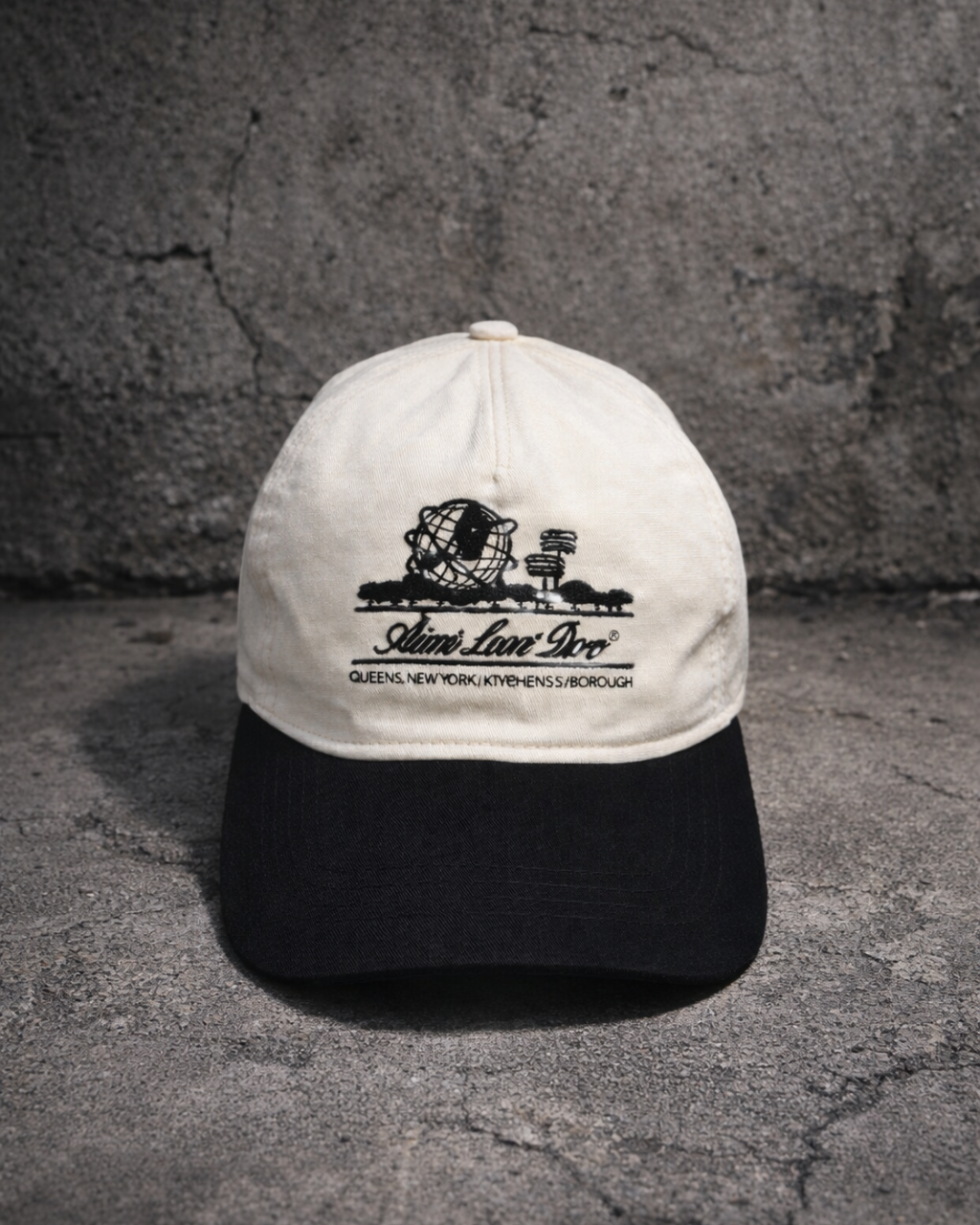 Aime Leon Dore two-tone black & cream flat-brim cap with globe embroidery — vintage urban-style cap for men alternate ecommerce image