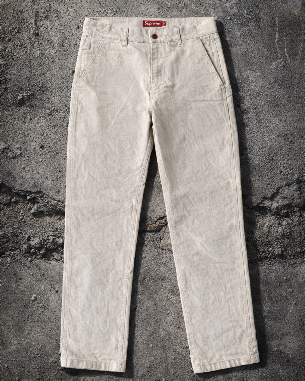Supreme Carpenter Pants Off-White — Vintage off-white Supreme carpenter pants for sale, workwear alternate ecommerce image