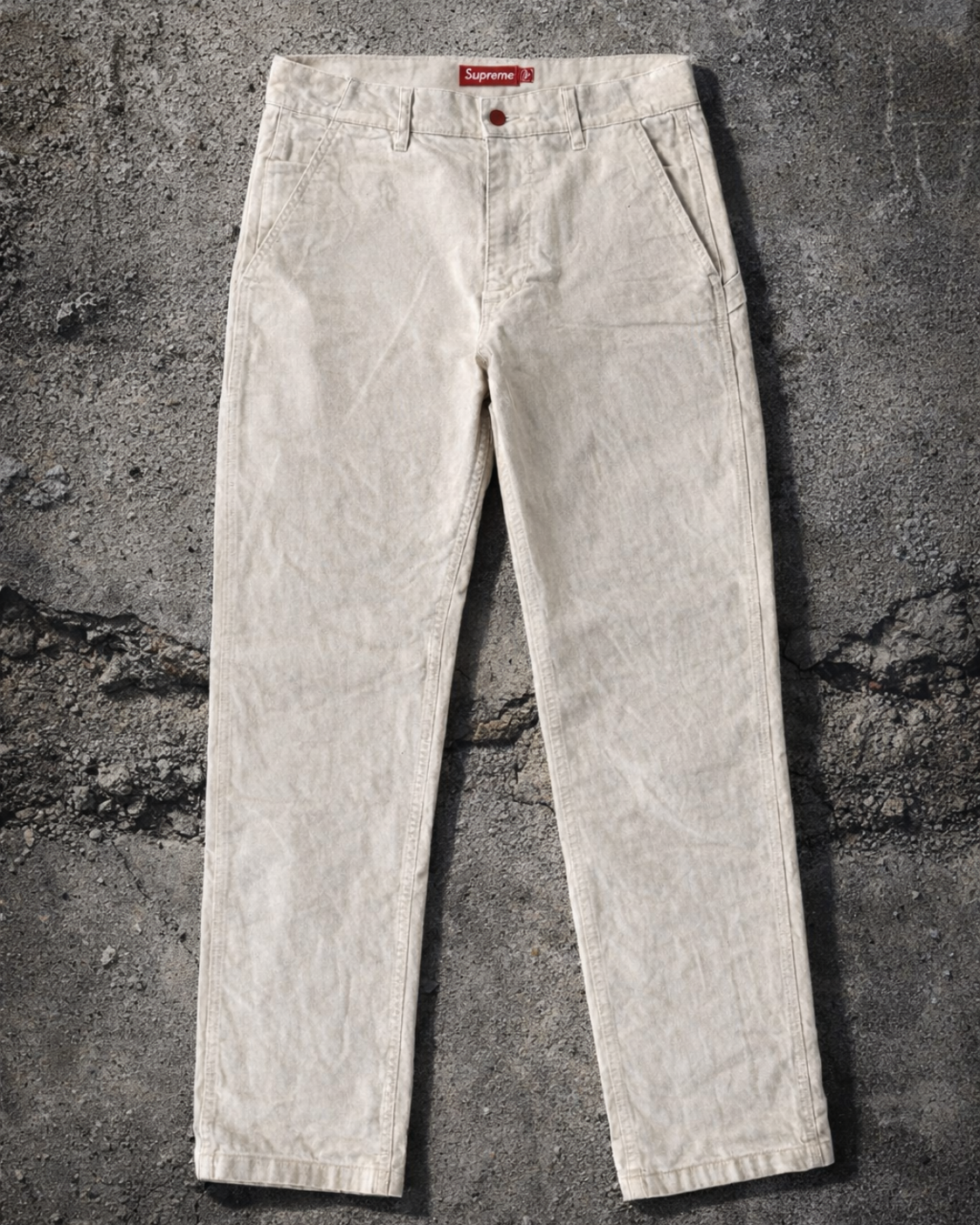 Supreme Carpenter Pants Off-White — Vintage off-white Supreme carpenter pants for sale, workwear alternate ecommerce image