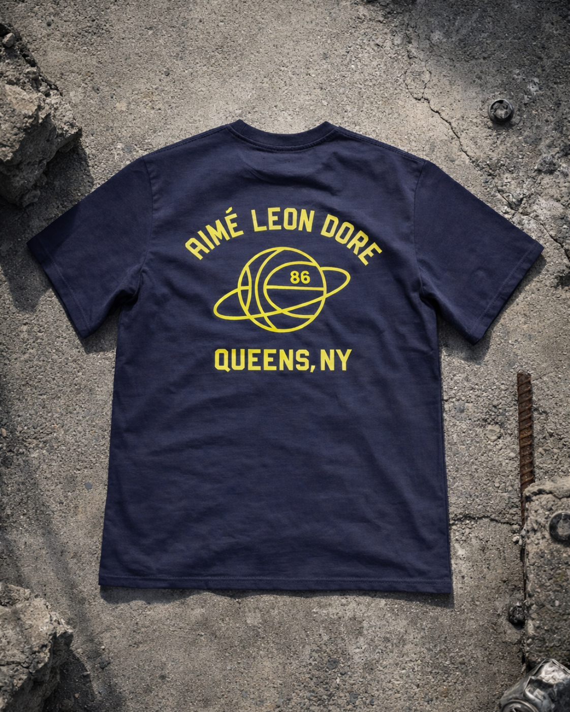 Aimé Leon Dore Navy Graphic T‑Shirt — Yellow 'Queens, NY' Basketball Planet Back Print | vintage Aimé Leon Dore tee alternate ecommerce image