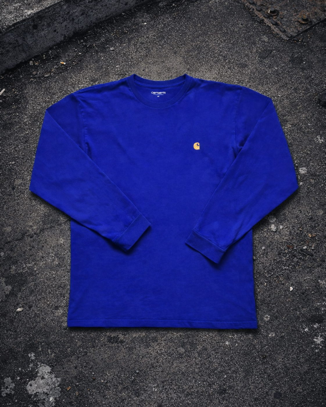 Carhartt electric blue long sleeve tee — embroidered yellow 'C' logo, thin crew alternate ecommerce image