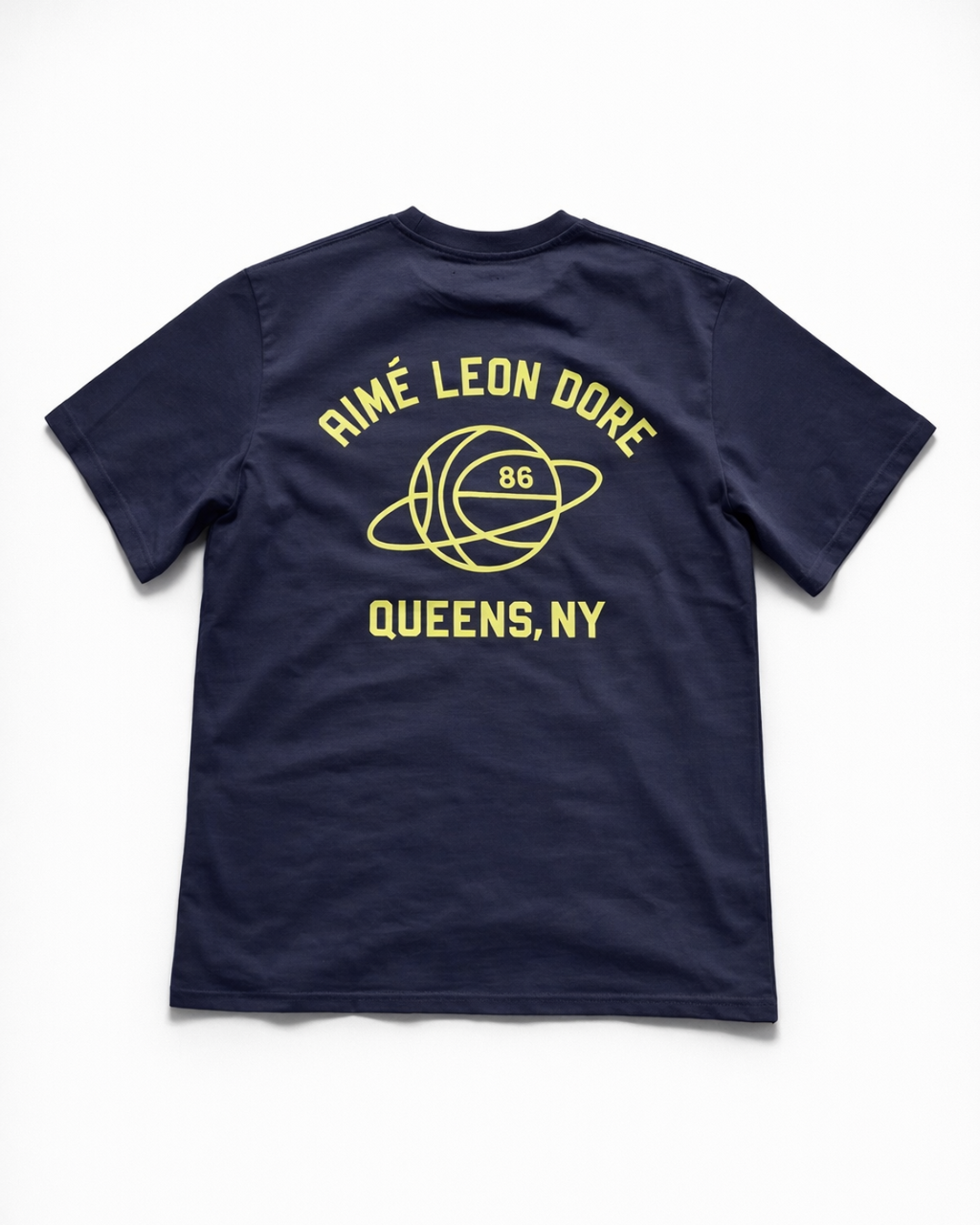 Aimé Leon Dore Navy Graphic T‑Shirt — Yellow 'Queens, NY' Basketball Planet Back Print | vintage Aimé Leon Dore tee hero ecommerce image