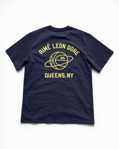Aimé Leon Dore Navy Graphic T‑Shirt — Yellow 'Queens, NY' Basketball Planet Back Print | vintage Aimé Leon Dore tee hero ecommerce image