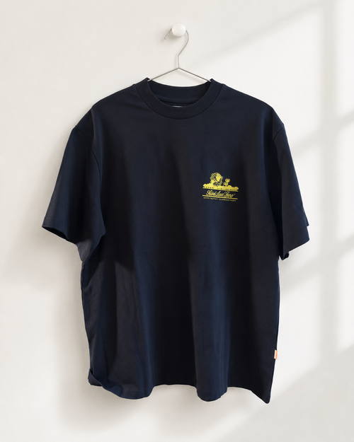 Aimé Leon Dore Navy T-Shirt — Yellow Urban Globe Back Print | vintage ALD Queens tee
