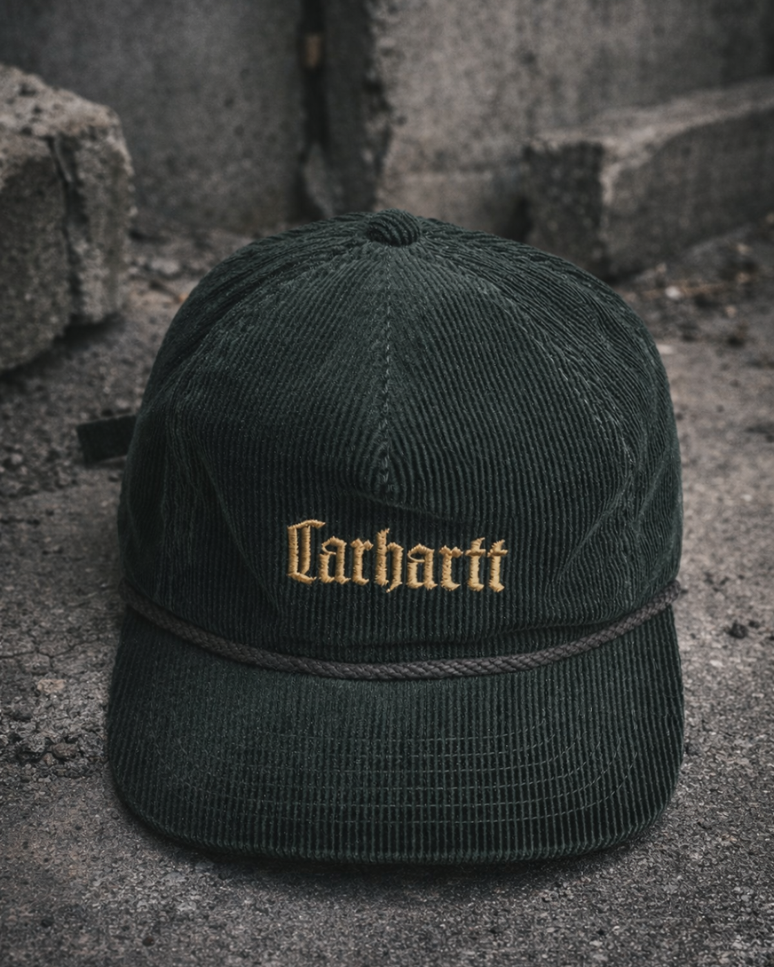 Carhartt WIP corduroy letterman cap in dark green— rope-trim embroidered logo, vintage-style cord cap alternate ecommerce image