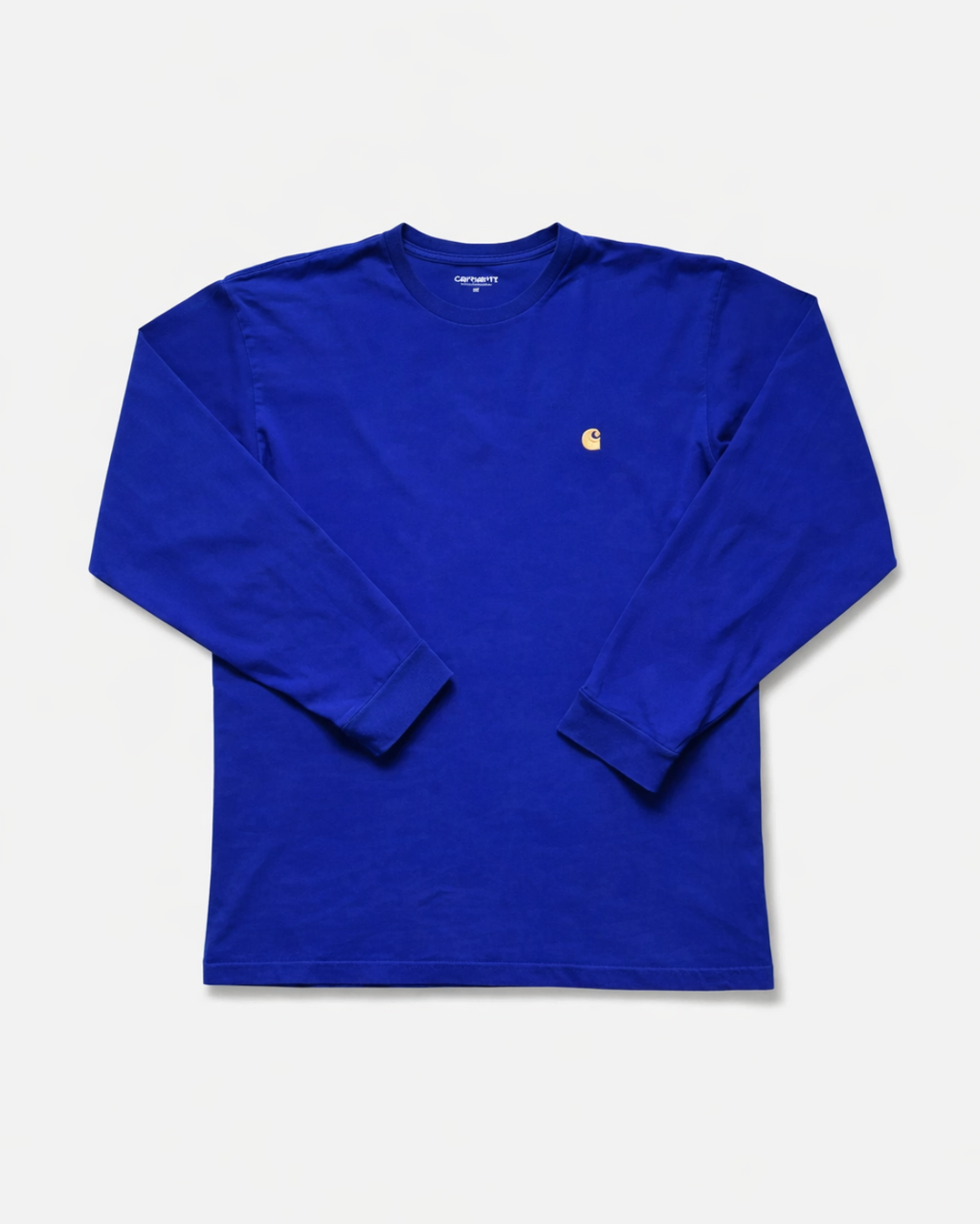 Carhartt electric blue long sleeve tee — embroidered yellow 'C' logo, thin crew hero ecommerce image