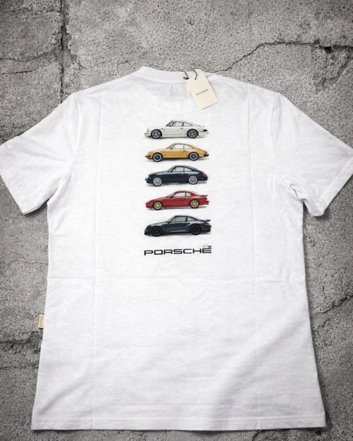 Aimé León Dore Porsche White T-Shirt (M) — Back Car Stack Graphic, Vintage Aimé León Dore Porsche Tee alternate ecommerce image