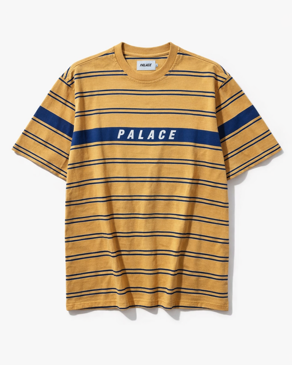 Palace Mustard & Navy Striped Logo T-Shirt — Men's mustard navy striped Palace tee for sale hero ecommerce image